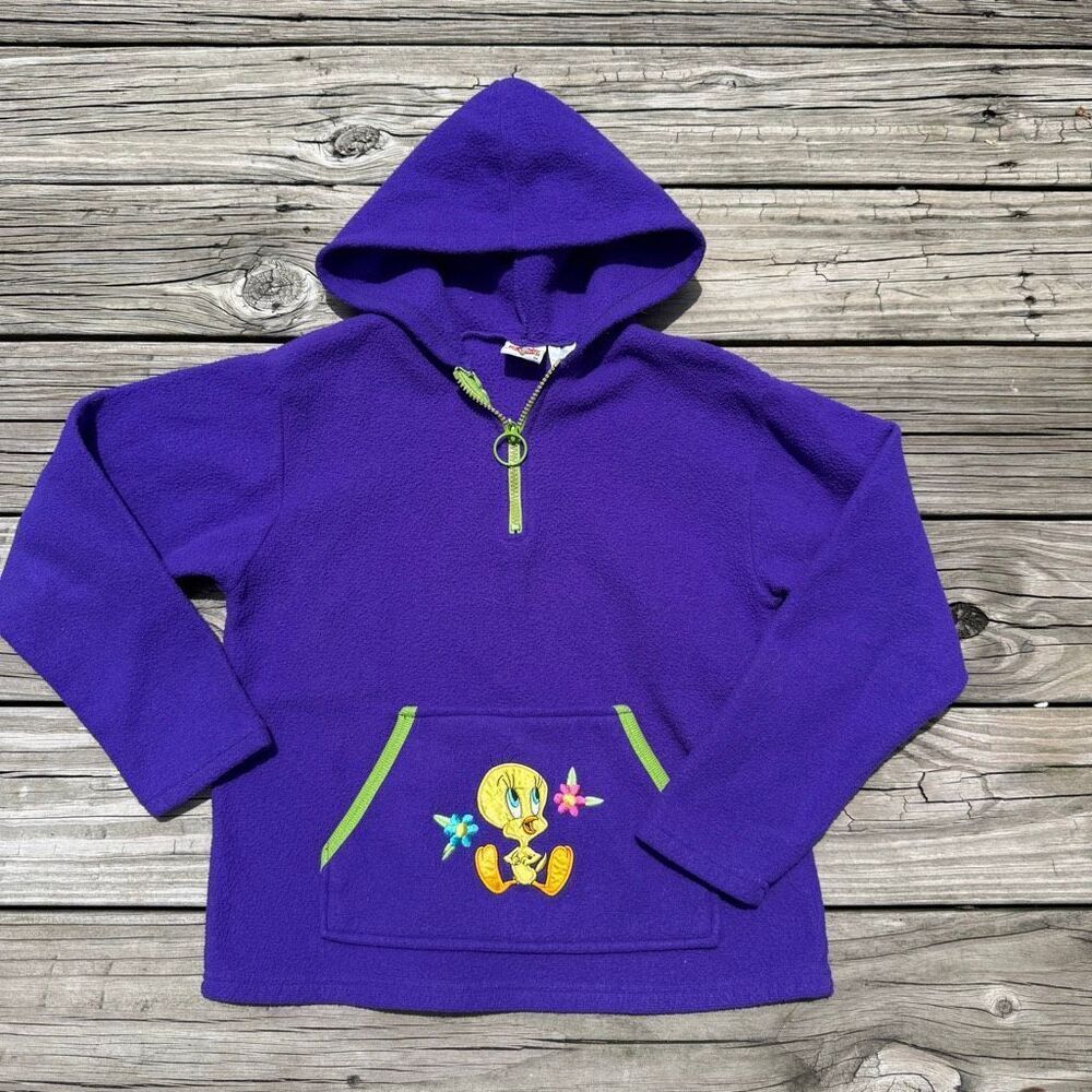 Vintage Looney Tunes Tweety Bird Purple Fleece Hoodie Youth 10/12 Quarter Zip Em